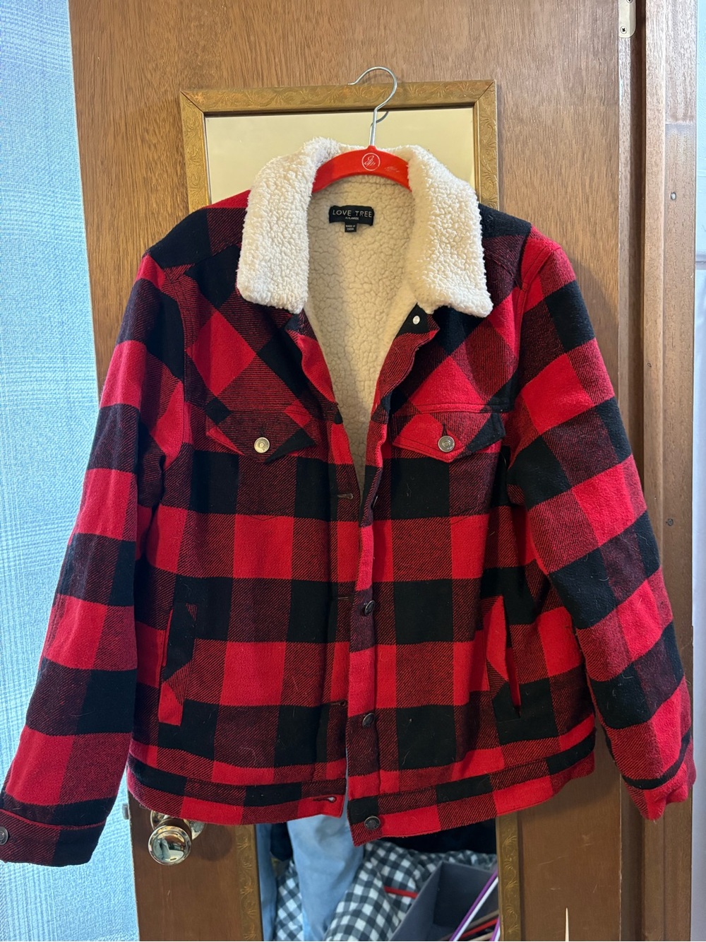 Love Tree Red & Black Buffalo Plaid Sherpa Jacket